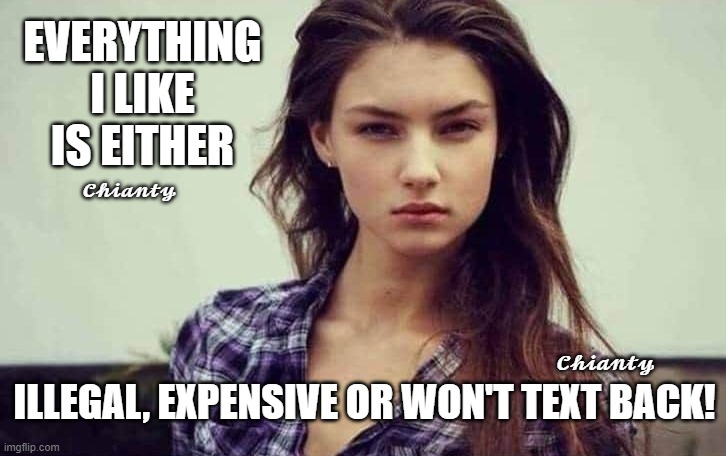 Yup Everything | EVERYTHING I LIKE IS EITHER; 𝓒𝓱𝓲𝓪𝓷𝓽𝔂; 𝓒𝓱𝓲𝓪𝓷𝓽𝔂; ILLEGAL, EXPENSIVE OR WON'T TEXT BACK! | image tagged in oh well | made w/ Imgflip meme maker