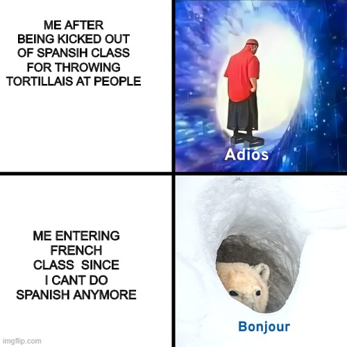 Adios spansih class |  ME AFTER BEING KICKED OUT OF SPANSIH CLASS FOR THROWING TORTILLAIS AT PEOPLE; ME ENTERING FRENCH CLASS  SINCE I CANT DO SPANISH ANYMORE | image tagged in adios bonjour | made w/ Imgflip meme maker