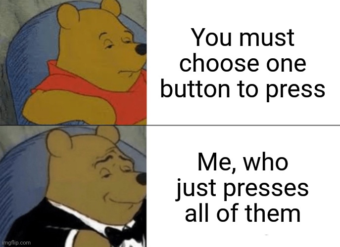 Tuxedo Winnie The Pooh | You must choose one button to press; Me, who just presses all of them | image tagged in memes,tuxedo winnie the pooh | made w/ Imgflip meme maker