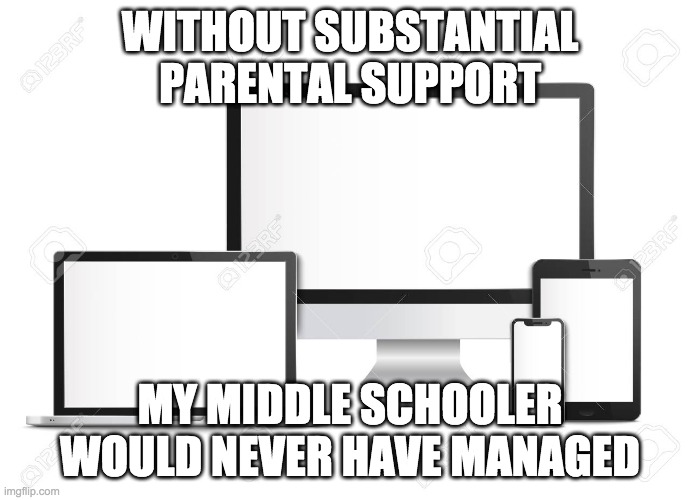 Online Learning | WITHOUT SUBSTANTIAL PARENTAL SUPPORT; MY MIDDLE SCHOOLER WOULD NEVER HAVE MANAGED | image tagged in online learning | made w/ Imgflip meme maker