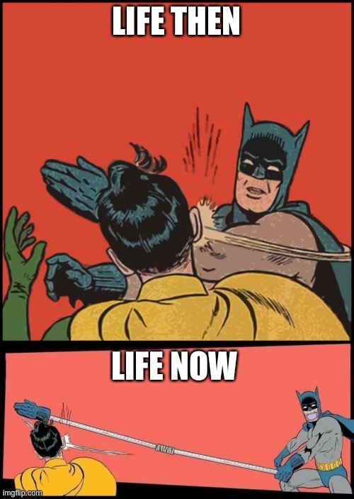 Social distancing | LIFE THEN; LIFE NOW | image tagged in batman slapping robin no bubbles,social distance batman slaps robin,memes,funny,social distancing,slap | made w/ Imgflip meme maker