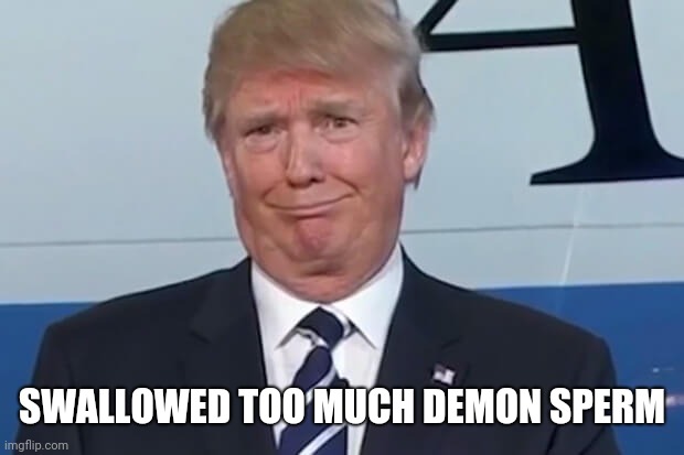 donald trump | SWALLOWED TOO MUCH DEMON SPERM | image tagged in donald trump | made w/ Imgflip meme maker