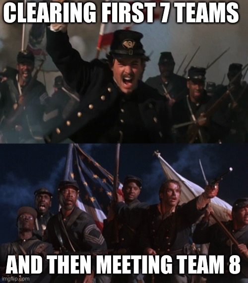 Marvel strike force war | CLEARING FIRST 7 TEAMS; AND THEN MEETING TEAM 8 | image tagged in strike | made w/ Imgflip meme maker