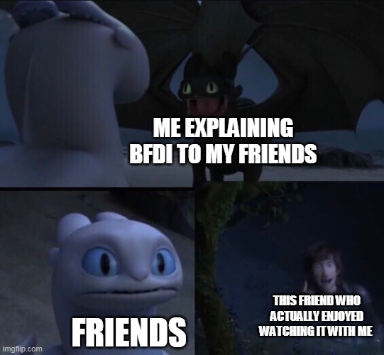 E | ME EXPLAINING BFDI TO MY FRIENDS; FRIENDS; THIS FRIEND WHO ACTUALLY ENJOYED WATCHING IT WITH ME | image tagged in how to train your dragon 3 | made w/ Imgflip meme maker
