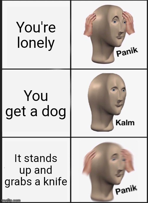 Panik Kalm Panik | You're lonely; You get a dog; It stands up and grabs a knife | image tagged in memes,panik kalm panik | made w/ Imgflip meme maker