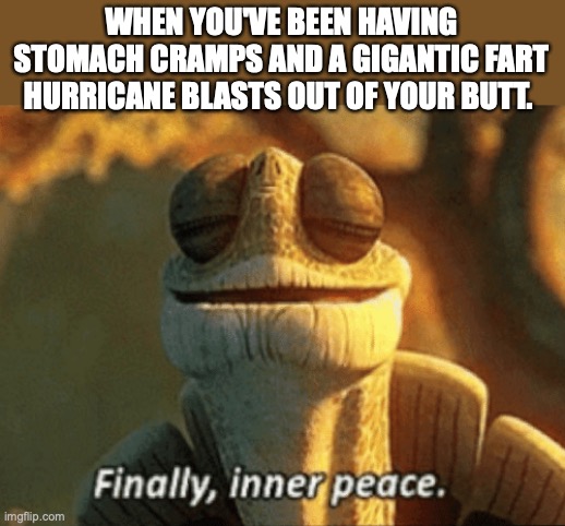 Finally, inner peace. | WHEN YOU'VE BEEN HAVING STOMACH CRAMPS AND A GIGANTIC FART HURRICANE BLASTS OUT OF YOUR BUTT. | image tagged in finally inner peace,fart jokes,farting,gas,butt,funny memes | made w/ Imgflip meme maker