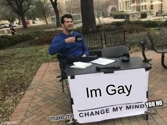 Change The Mind | Im Gay; YOU HO; make me | image tagged in memes,change my mind | made w/ Imgflip meme maker