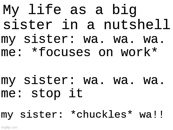 SMHHHHH | My life as a big sister in a nutshell; my sister: wa. wa. wa.
me: *focuses on work*; my sister: wa. wa. wa.
me: stop it; my sister: *chuckles* wa!! | image tagged in blank white template | made w/ Imgflip meme maker