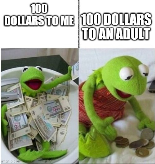 kermit before and after money | 100 DOLLARS TO AN ADULT; 100 DOLLARS TO ME | image tagged in kermit before and after money | made w/ Imgflip meme maker