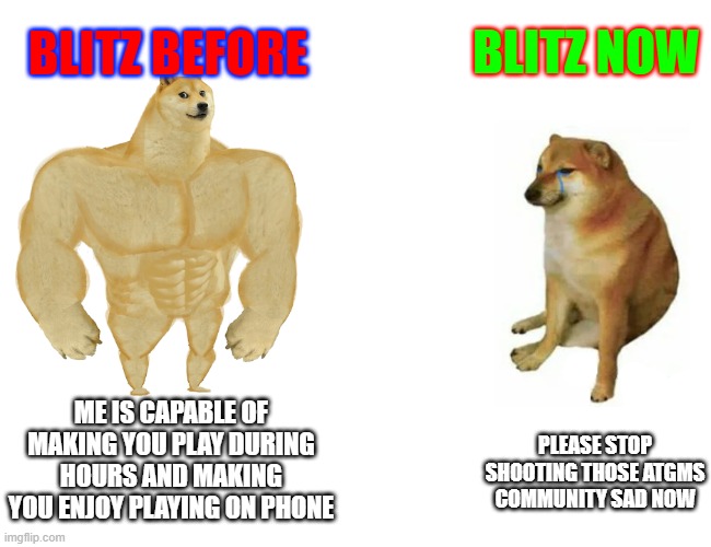 Wot Blitz | BLITZ BEFORE; BLITZ NOW; ME IS CAPABLE OF MAKING YOU PLAY DURING HOURS AND MAKING YOU ENJOY PLAYING ON PHONE; PLEASE STOP SHOOTING THOSE ATGMS COMMUNITY SAD NOW | image tagged in swole doge vs cheems | made w/ Imgflip meme maker