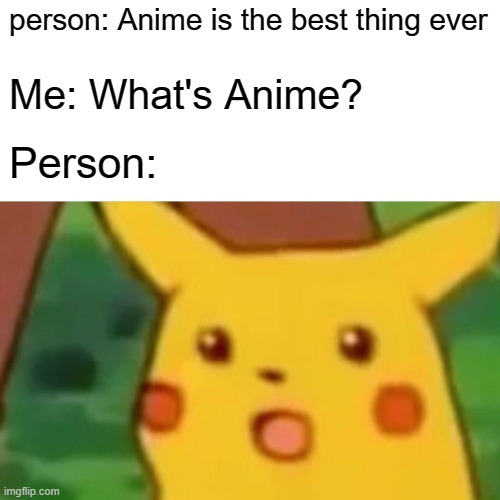 Surprised Pikachu Meme | person: Anime is the best thing ever; Me: What's Anime? Person: | image tagged in memes,surprised pikachu | made w/ Imgflip meme maker