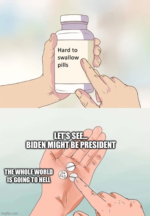 I made this on July 30, 2020 | LET’S SEE... BIDEN MIGHT BE PRESIDENT; THE WHOLE WORLD IS GOING TO HELL | image tagged in memes,hard to swallow pills,if u voted 4 fjb then u can kissmyass,your ancestors would curse u,your progeny will suffer | made w/ Imgflip meme maker