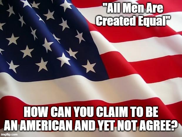 Americans created equal | "All Men Are Created Equal"; HOW CAN YOU CLAIM TO BE AN AMERICAN AND YET NOT AGREE? | image tagged in american flag | made w/ Imgflip meme maker