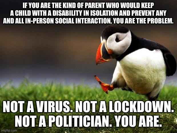 COVID is just a convenient excuse for some parents | IF YOU ARE THE KIND OF PARENT WHO WOULD KEEP A CHILD WITH A DISABILITY IN ISOLATION AND PREVENT ANY AND ALL IN-PERSON SOCIAL INTERACTION, YOU ARE THE PROBLEM. NOT A VIRUS. NOT A LOCKDOWN. NOT A POLITICIAN. YOU ARE. | image tagged in memes,unpopular opinion puffin,disability,virus,parents,social | made w/ Imgflip meme maker