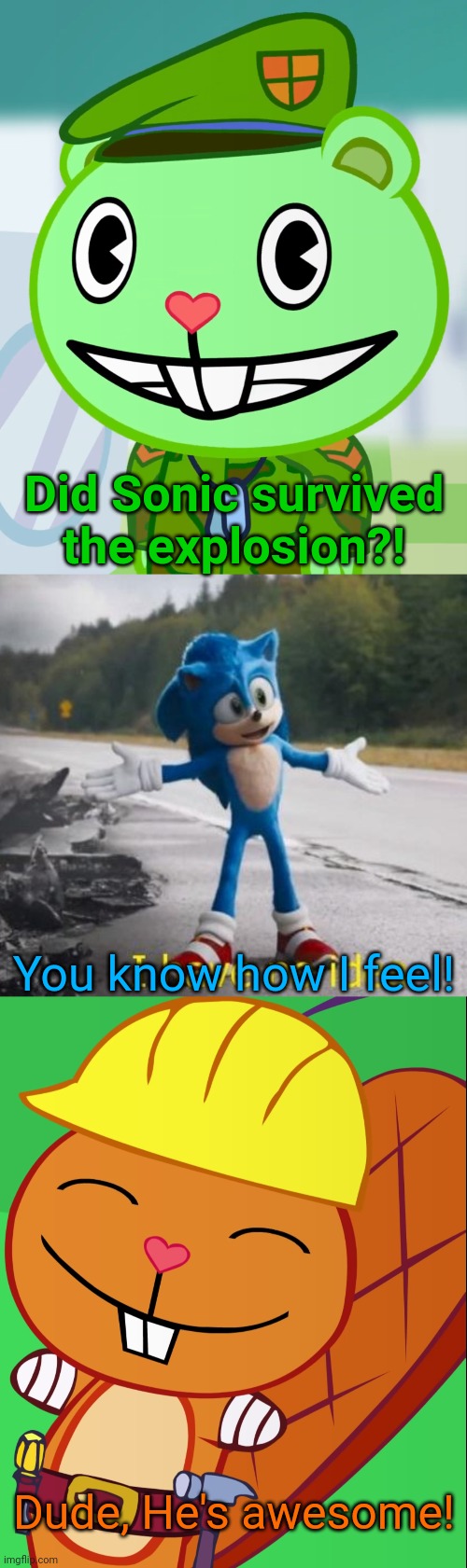 Flippy & Handy meets Sonic the Hedgehog!! | Did Sonic survived the explosion?! You know how I feel! Dude, He's awesome! | image tagged in sonic how are you not dead,flippy smiles htf,happy handy htf,crossover,memes,relatable | made w/ Imgflip meme maker
