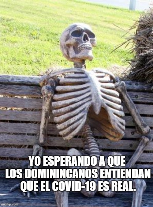 A la espera | YO ESPERANDO A QUE  LOS DOMININCANOS ENTIENDAN QUE EL COVID-19 ES REAL. | image tagged in memes,waiting skeleton | made w/ Imgflip meme maker