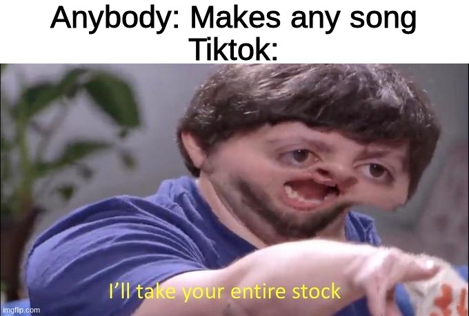 TokTik | Anybody: Makes any song
Tiktok: | image tagged in i'll take your entire stock | made w/ Imgflip meme maker