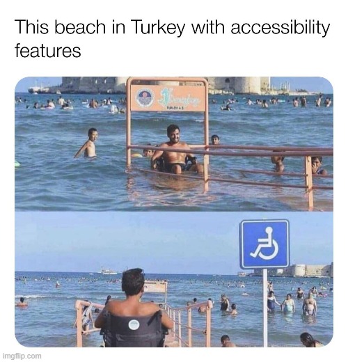 good for them and good for him. He's having a blast :) | image tagged in handicapped,beach,day at the beach,wholesome,just keep swimming,repost | made w/ Imgflip meme maker