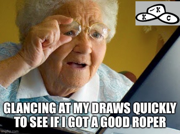 Roping memes | GLANCING AT MY DRAWS QUICKLY TO SEE IF I GOT A GOOD ROPER | image tagged in old lady reading | made w/ Imgflip meme maker