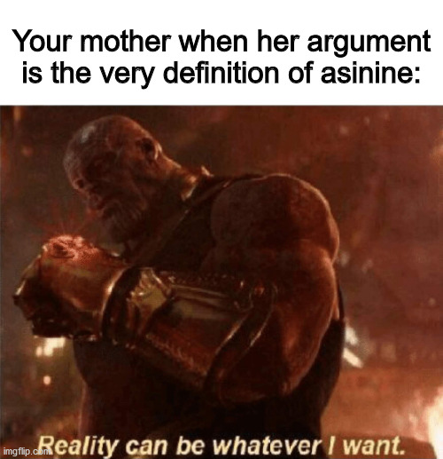 Reality can be whatever I want. | Your mother when her argument is the very definition of asinine: | image tagged in reality can be whatever i want,argument,asinine,thanos,infinity gauntlet | made w/ Imgflip meme maker