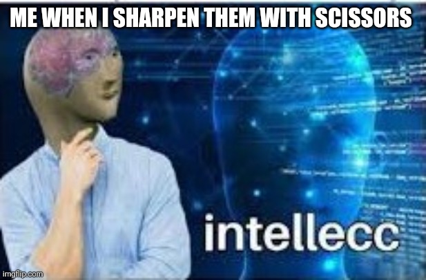 intellecc | ME WHEN I SHARPEN THEM WITH SCISSORS | image tagged in intellecc | made w/ Imgflip meme maker