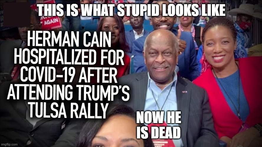 How MANY Others Did Herman Cain Infect with this Deadly Virus? | THIS IS WHAT STUPID LOOKS LIKE; NOW HE IS DEAD | image tagged in herman cain,covidiots,coronavirus,pandemic,idiot,super spreader | made w/ Imgflip meme maker