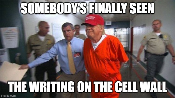 trump prison | SOMEBODY'S FINALLY SEEN THE WRITING ON THE CELL WALL | image tagged in trump prison | made w/ Imgflip meme maker