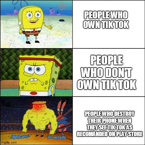 TIK TOK sucks | PEOPLE WHO OWN TIK TOK; PEOPLE WHO DON'T OWN TIK TOK; PEOPLE WHO DESTROY THEIR PHONE WHEN THEY SEE TIK TOK AS RECOMANDED ON PLAY STORE | image tagged in increasingly buffed spongebob,anti tik tok | made w/ Imgflip meme maker