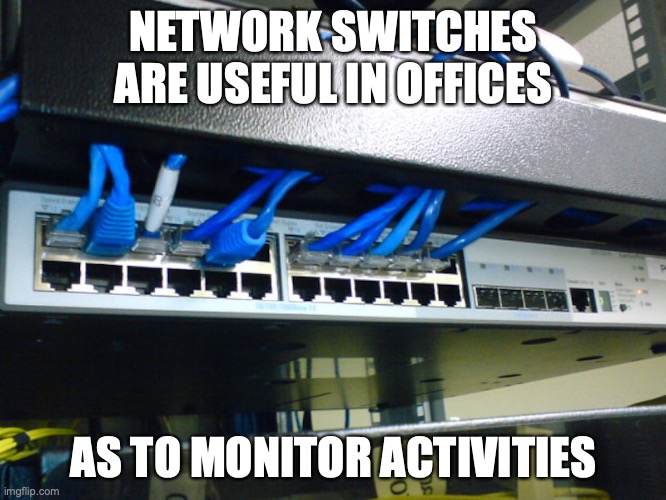 Network Switch | NETWORK SWITCHES ARE USEFUL IN OFFICES; AS TO MONITOR ACTIVITIES | image tagged in internet,switch,memes | made w/ Imgflip meme maker