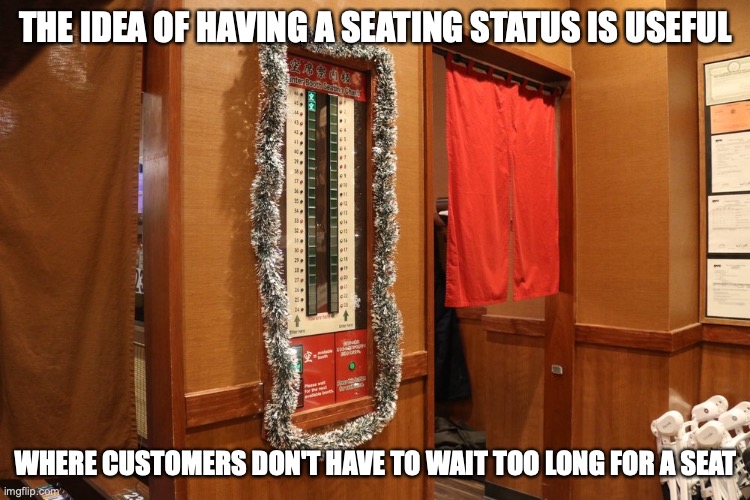 Ichiran Ramen Stat Status | THE IDEA OF HAVING A SEATING STATUS IS USEFUL; WHERE CUSTOMERS DON'T HAVE TO WAIT TOO LONG FOR A SEAT | image tagged in ramen,memes,restaurant | made w/ Imgflip meme maker