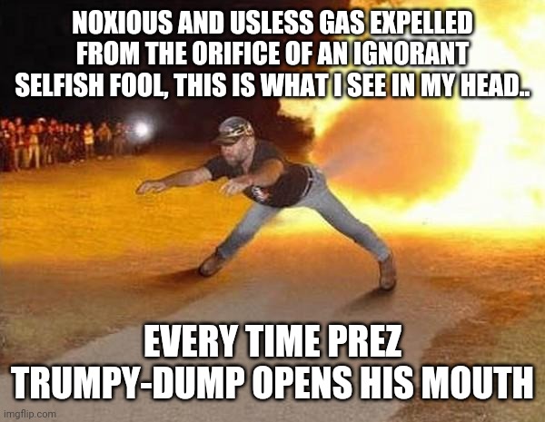 Every time Trumpy-Dump opens his mouth | NOXIOUS AND USLESS GAS EXPELLED FROM THE ORIFICE OF AN IGNORANT SELFISH FOOL, THIS IS WHAT I SEE IN MY HEAD.. EVERY TIME PREZ TRUMPY-DUMP OPENS HIS MOUTH | image tagged in fire fart,trump,president trump,ignorant,fool,selfish | made w/ Imgflip meme maker