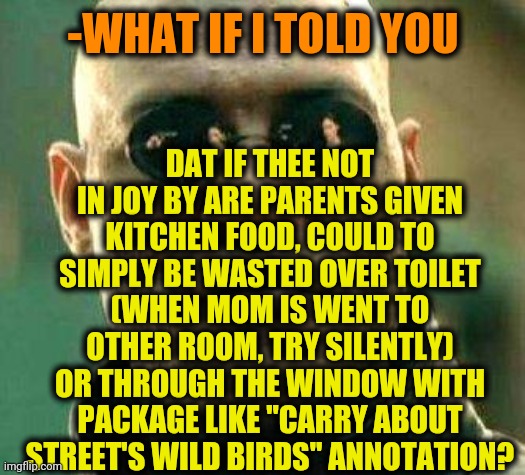 -Don't use its maneuver too often for avoid suspicions! | DAT IF THEE NOT IN JOY BY ARE PARENTS GIVEN KITCHEN FOOD, COULD TO SIMPLY BE WASTED OVER TOILET (WHEN MOM IS WENT TO OTHER ROOM, TRY SILENTLY) OR THROUGH THE WINDOW WITH PACKAGE LIKE "CARRY ABOUT STREET'S WILD BIRDS" ANNOTATION? -WHAT IF I TOLD YOU | image tagged in what if i told you,food for thought,back to school,remember this guy,tips,unwanted house guest | made w/ Imgflip meme maker