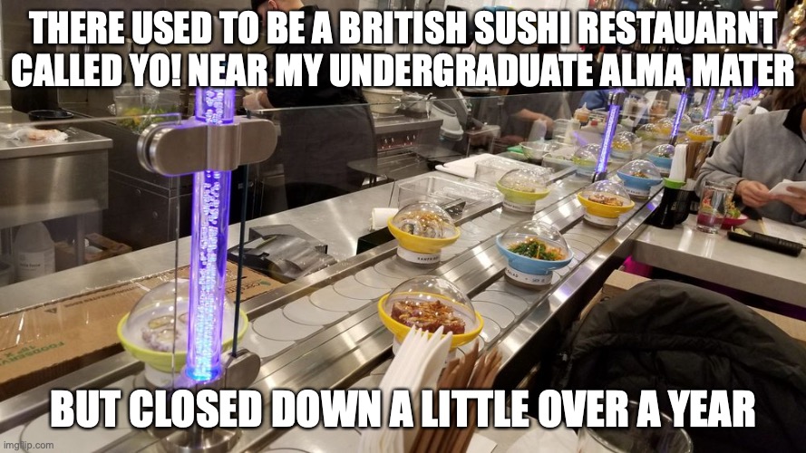Yo! Sushi | THERE USED TO BE A BRITISH SUSHI RESTAUARNT CALLED YO! NEAR MY UNDERGRADUATE ALMA MATER; BUT CLOSED DOWN A LITTLE OVER A YEAR | image tagged in sushi,restaurant,memes | made w/ Imgflip meme maker