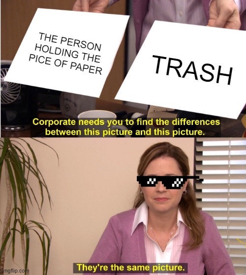 They're The Same Picture Meme | THE PERSON HOLDING THE PICE OF PAPER; TRASH | image tagged in memes,they're the same picture | made w/ Imgflip meme maker