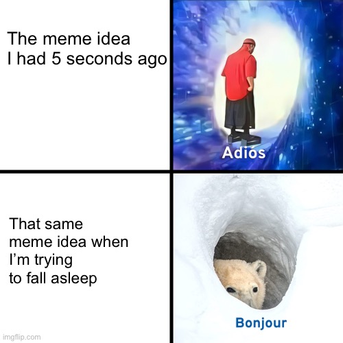 Adios Bonjour | The meme idea I had 5 seconds ago; That same meme idea when I’m trying to fall asleep | image tagged in adios bonjour | made w/ Imgflip meme maker