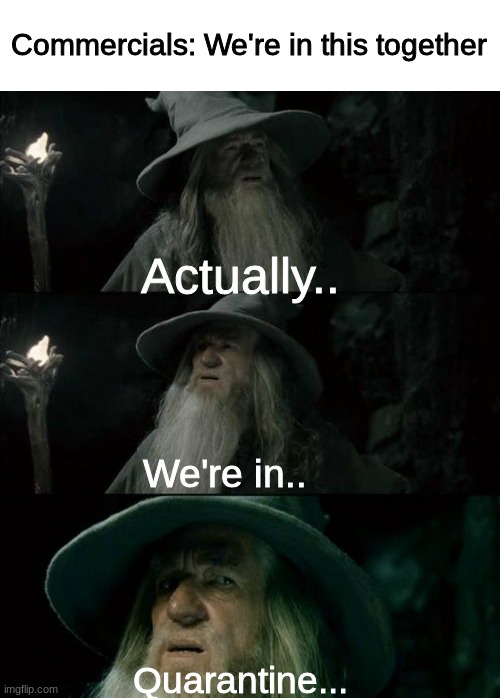 Actually.. He's got a point. | Commercials: We're in this together; Actually.. We're in.. Quarantine... | image tagged in memes,confused gandalf | made w/ Imgflip meme maker