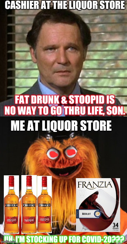 CASHIER AT THE LIQUOR STORE; FAT DRUNK & STOOPID IS NO WAY TO GO THRU LIFE, SON. ME AT LIQUOR STORE; UH, I'M STOCKING UP FOR COVID-20??? | image tagged in fat drunk and stupid | made w/ Imgflip meme maker