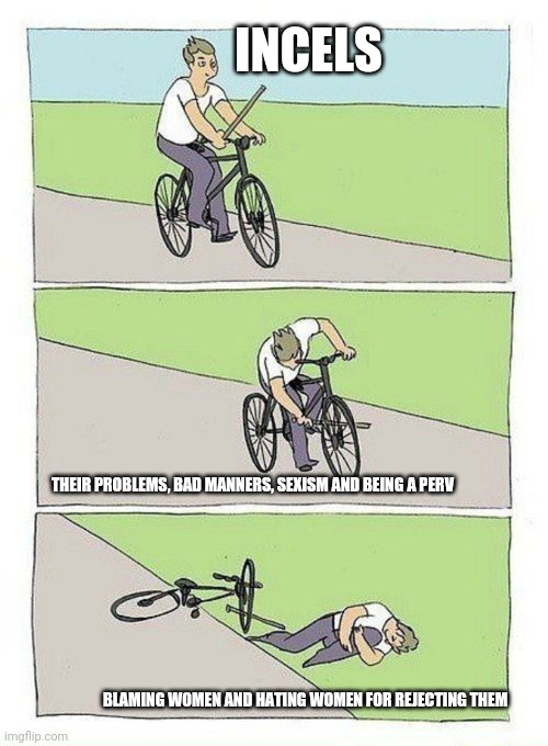 Incels be like | INCELS; THEIR PROBLEMS, BAD MANNERS, SEXISM AND BEING A PERV; BLAMING WOMEN AND HATING WOMEN FOR REJECTING THEM | image tagged in bike fall,memes,incel | made w/ Imgflip meme maker