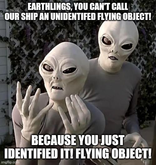 Aliens have no patience for humans | EARTHLINGS, YOU CAN'T CALL OUR SHIP AN UNIDENTIFED FLYING OBJECT! BECAUSE YOU JUST IDENTIFIED IT! FLYING OBJECT! | image tagged in aliens | made w/ Imgflip meme maker