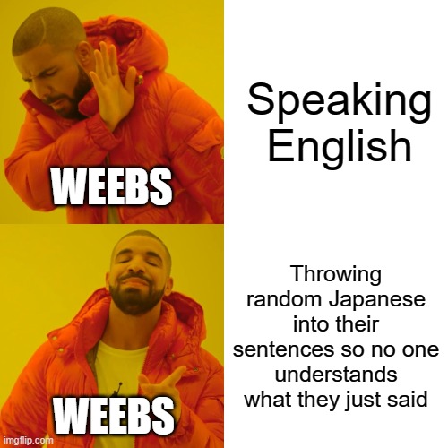 Weeb Memes | Speaking English; WEEBS; Throwing random Japanese into their sentences so no one understands what they just said; WEEBS | image tagged in memes,drake hotline bling | made w/ Imgflip meme maker