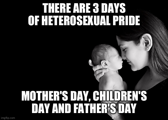 Heterosexual pride is the perpetuation of humanity | THERE ARE 3 DAYS OF HETEROSEXUAL PRIDE; MOTHER'S DAY, CHILDREN'S DAY AND FATHER'S DAY | image tagged in mother and baby,heterosexual pride,memes,politics,gender identity | made w/ Imgflip meme maker