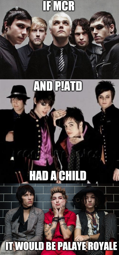 haha | IF MCR; AND P!ATD; HAD A CHILD; IT WOULD BE PALAYE ROYALE | image tagged in panic at the disco,my chemical romance,bands | made w/ Imgflip meme maker