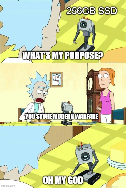 What's My Purpose - Butter Robot | 256GB SSD; WHAT'S MY PURPOSE? YOU STORE MODERN WARFARE; OH MY GOD | image tagged in what's my purpose - butter robot | made w/ Imgflip meme maker
