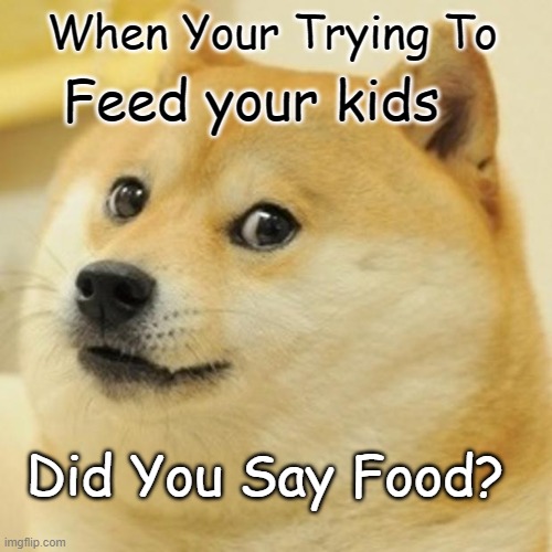 Dogs Be Like | When Your Trying To; Feed your kids; Did You Say Food? | image tagged in memes,dogs | made w/ Imgflip meme maker