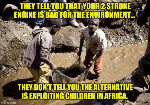Lithium ion batteries... Great for greenhouse gas, horrible for life. | THEY TELL YOU THAT YOUR 2 STROKE ENGINE IS BAD FOR THE ENVIRONMENT... THEY DON'T TELL YOU THE ALTERNATIVE IS EXPLOITING CHILDREN IN AFRICA. | image tagged in african mining children,2 stroke,chainsaw,power equipment,modern day slavery | made w/ Imgflip meme maker