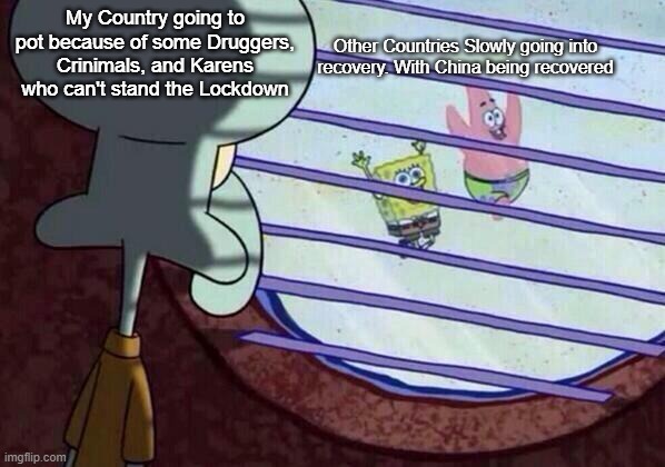 I Hate COVID Memes.  But RIP To all of the people who died from it | Other Countries Slowly going into recovery. With China being recovered; My Country going to pot because of some Druggers, Crinimals, and Karens who can't stand the Lockdown | image tagged in squidward window,memes | made w/ Imgflip meme maker