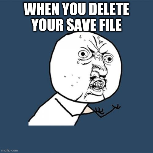 The pain... | WHEN YOU DELETE YOUR SAVE FILE | image tagged in memes,y u no | made w/ Imgflip meme maker