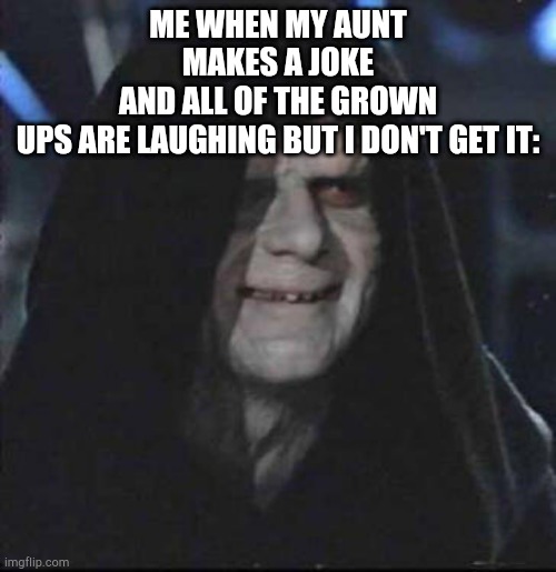 Sidious Error Meme | ME WHEN MY AUNT MAKES A JOKE AND ALL OF THE GROWN UPS ARE LAUGHING BUT I DON'T GET IT: | image tagged in memes,sidious error | made w/ Imgflip meme maker