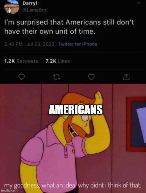 What an idea! | AMERICANS | image tagged in my goodness what an idea why didn't i think of that,memes,funny,america,time | made w/ Imgflip meme maker