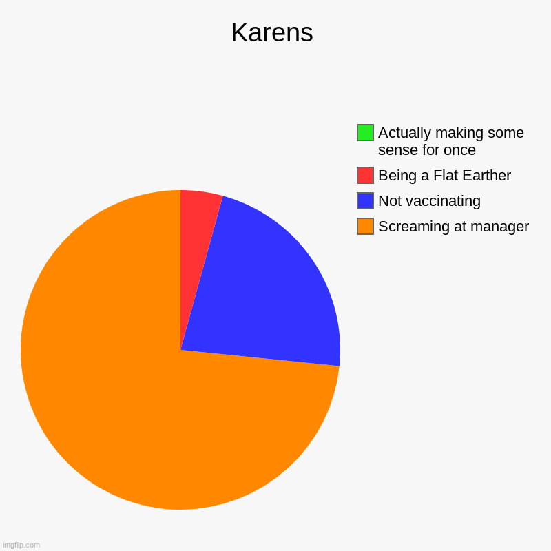 Karens Brain | Karens | Screaming at manager, Not vaccinating, Being a Flat Earther, Actually making some sense for once | image tagged in charts,pie charts,karen | made w/ Imgflip chart maker